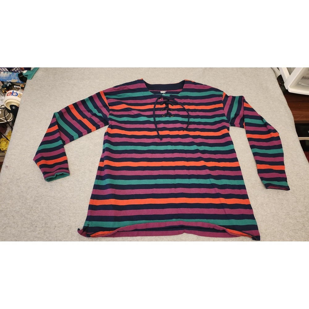Lands' End Shirt Womens Large 14-16 Multicolor Stripe Lace Up Cotton Long Sleeve